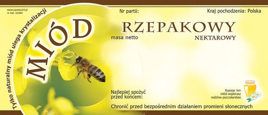 Paczka etykiet na miód rzepakowy (100szt) - wzór E1004 BEE&HONEY
