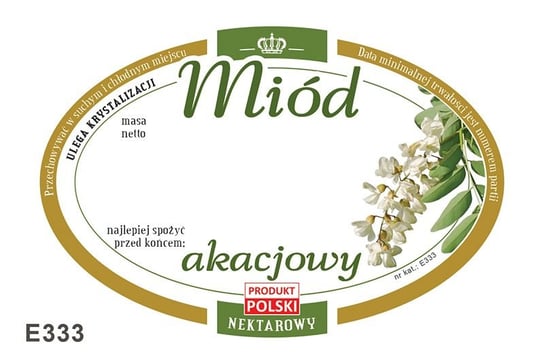 Paczka etykiet owalnych na miód akacjowy (100szt) - wzór E333 BEE&HONEY