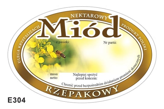 Paczka etykiet owalnych na miód rzepakowy (100szt) - wzór E304 BEE&HONEY