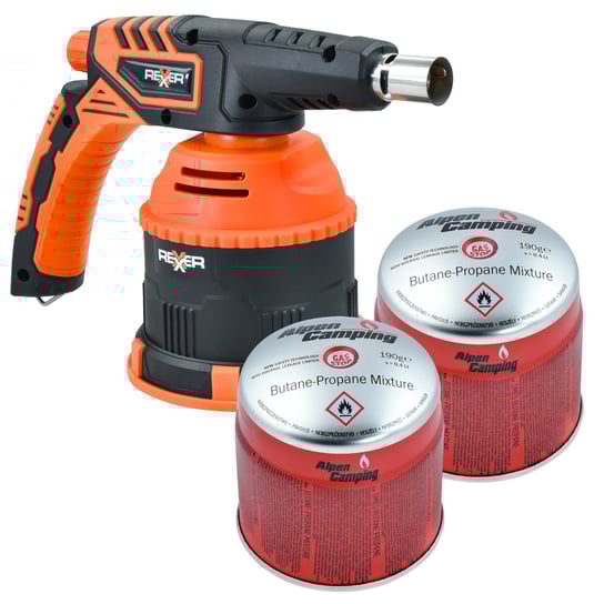 Palnik Gazowy Z Zapłonem Piezoelektrycznym 1300 W Premium + Kartusz Z Gazem Butan 190 G 2 Sztuki REXXER