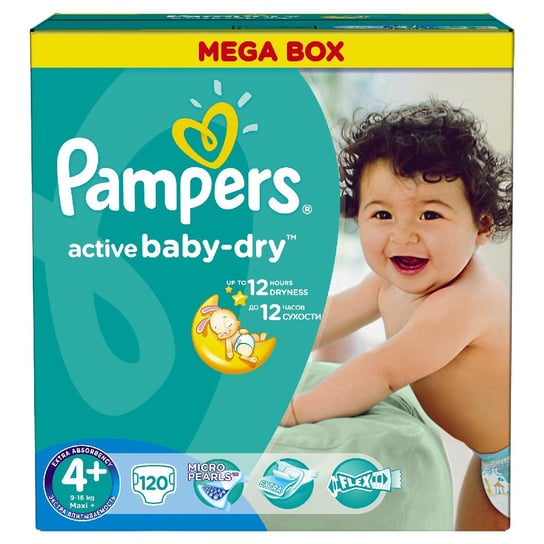 Pampers, Active Baby-Dry, Mega Box, Pieluchy jednorazowe, rozmiar 4+, Maxi+, 9-16 kg, 120 szt. Pampers