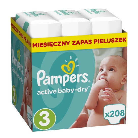 Pampers, Active Baby-Dry, Pieluchy jednorazowe, rozmiar 3, Midi, 5-9 kg, Zapas na miesiac, 208 szt. Pampers