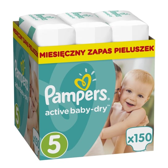 Pampers, Active Baby-Dry, Pieluchy jednorazowe, rozmiar 5, Junior, 11-18 kg, Zapas na miesiąc, 150 sztuk Pampers