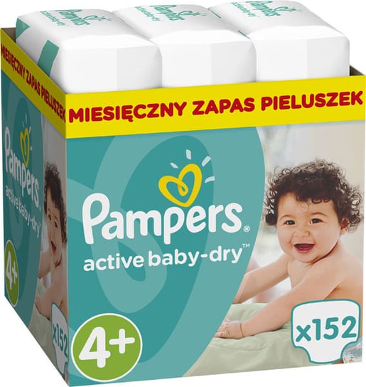 Pampers, Active Baby-Dry, Pieluszki jednorazowe, rozmiar 4+, 9-16 kg, Zapas na miesiąc, 152 szt. Pampers