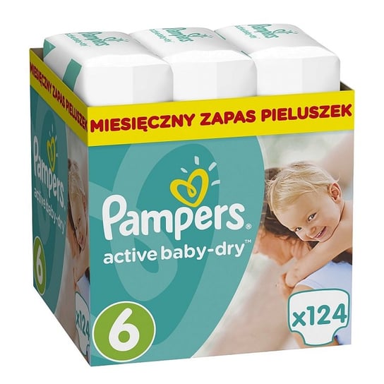 Pampers, Active Baby-Dry, Pieluszki jednorazowe, rozmiar 6, 15+ kg, Zapas na miesiąc, 124 szt. Pampers