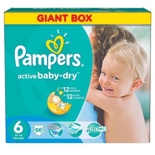 Pampers, Active Baby-Dry, Pieluszki jednorazowe, rozmiar 6, Extra Large, 66 szt. Pampers