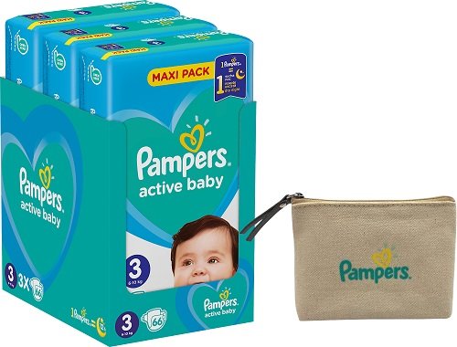 Pampers, Active Baby, Pieluchy jednorazowe, rozmiar 3, Midi, 6-10 kg, 3x66 szt. + kosmetyczka Pampers