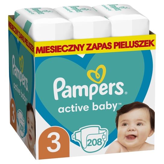 Pampers, Active Baby, Pieluchy jednorazowe, rozmiar 3, Midi, 6-10 kg, Zapas na miesiąc, 208 szt. Pampers