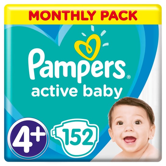Pampers, Active Baby, Pieluchy jednorazowe, rozmiar 4+, Maxi, 10-15 kg, Zapas na miesiąc, 152 szt. Pampers