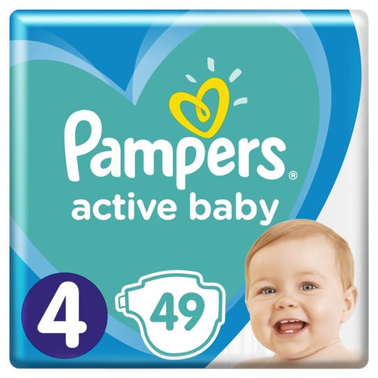 Pampers, Active Baby, Pieluchy jednorazowe, rozmiar 4, Maxi, 9-14 kg, 49 szt. Pampers