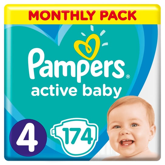 Pampers, Active Baby, Pieluchy jednorazowe, rozmiar 4, Maxi, 9-14 kg, Zapas na miesiąc, 174 szt. Pampers