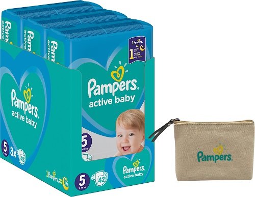 Pampers, Active Baby, Pieluchy jednorazowe, rozmiar 5, 11-16 kg, 3x42 szt. + kosmetyczka Pampers