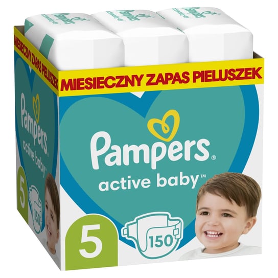 Pampers, Active Baby, Pieluchy jednorazowe, rozmiar 5, Junior, 11-16 kg, Zapas na miesiąc, 150 szt. Pampers