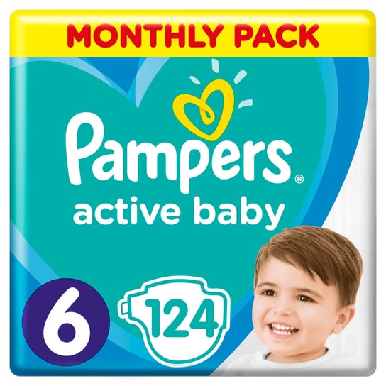 Pampers, Active Baby, Pieluchy jednorazowe, rozmiar 6, Extra Large, 13-18 kg, Zapas na miesiąc, 124 szt. Pampers