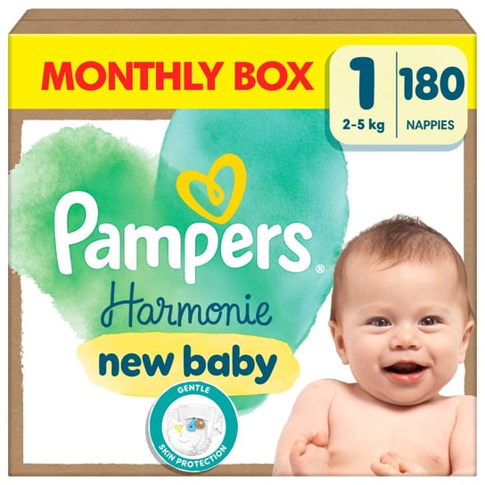 Pampers Harmonie Pieluszki rozmiar 1, 180 pieluszki, 2kg-5kg, ochrona delikatnej skóry i 100% ochrony Pampers Pampers