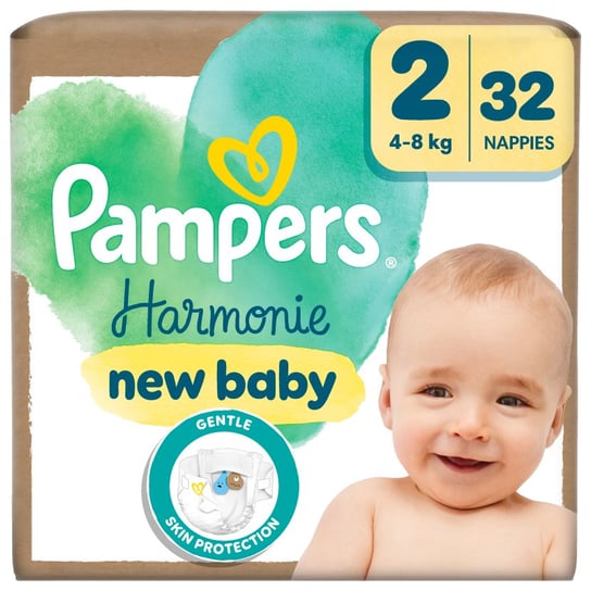 Pampers Harmonie Pieluszki rozmiar 2, 32 pieluszki, 4kg-8kg, ochrona delikatnej skóry i 100% ochrony Pampers Pampers