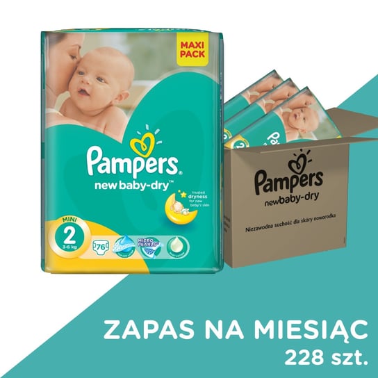 Pampers, New Baby-Dry, Pieluchy jednorazowe, rozmiar 2, Mini, 3-6 kg, Zapas na miesiąc, 228 szt. Pampers