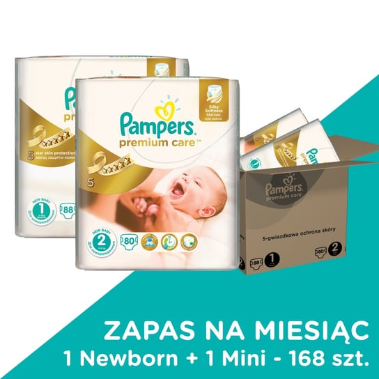Pampers, Premium Care, Mega Box, Pieluchy jednorazowe, New Born, 2-5 kg, oraz Mini, 3-6 kg, Zapas na miesiąc, 168 szt. Pampers