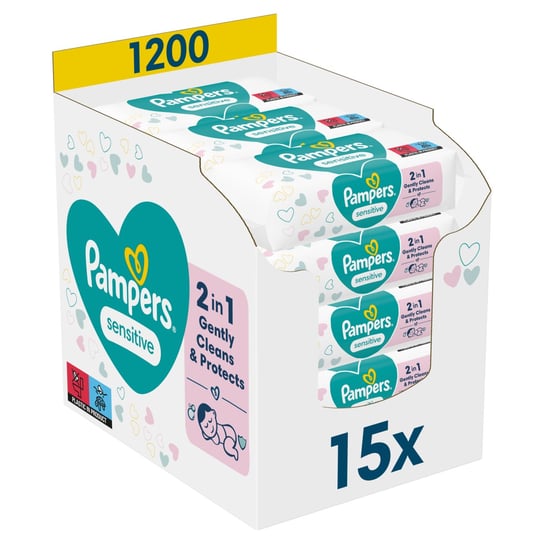 Pampers Sensitive Chusteczki nawilżane dla dzieci, 15 opakowania = 1200 chusteczek Pampers