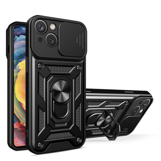 Pancerne etui z podstawką i osłoną aparatu do iPhone 15 Hybrid Armor Camshield - czarne Hurtel