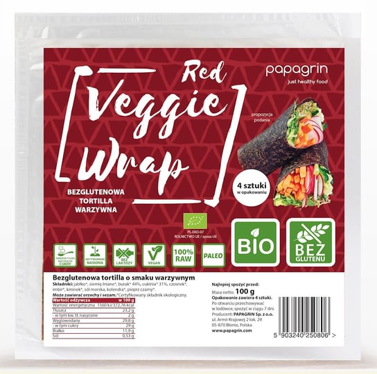 Papagrin, tortilla wraps warzywna czerwona bezglutenowa bio, 100 g PAPAGRIN
