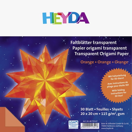 Papier do origami transparentny, pomarańczowy, 30 arkuszy Heyda
