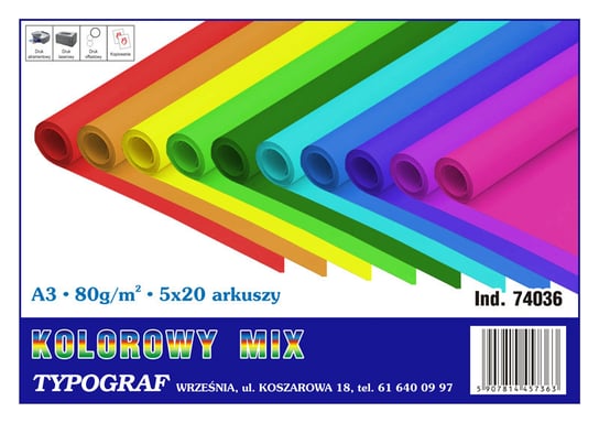 Papier kolorowy, A3, Mix, 20 x 5 kolorów Typograf