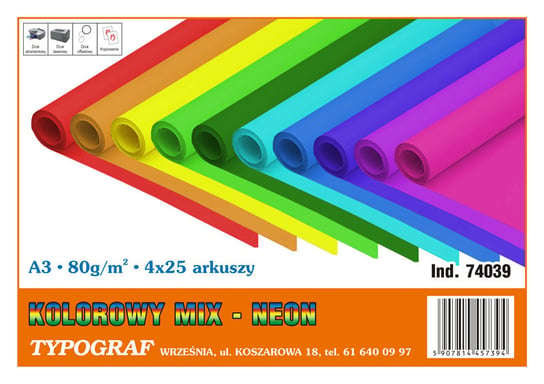 Papier kolorowy, A3, Neon, 25 x 4 kolory Typograf