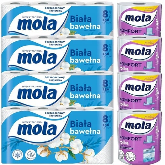Papier toaletowy Mola White (8 rolek) x 4 opakowania + Ręcznik papierowy Mola Komfort 4 sztuki Mola