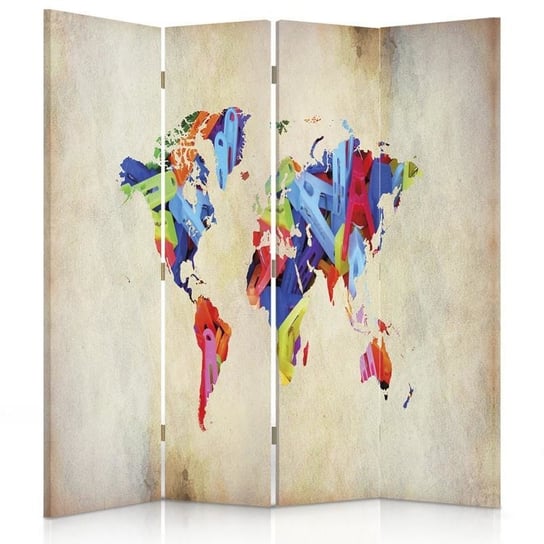 Parawan dwustronny obrotowy FEEBY, Kolorowa Mapa Świata Retro 145x170 Feeby