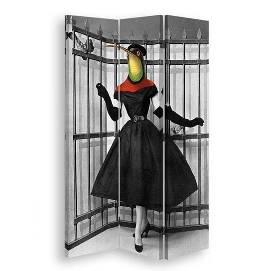 Parawan pokojowy FEEBY, Abstrakcja kobieta z głową ptaka w klatce surrealizm, Dwustronny 110x170cm 3-częściowy Feeby