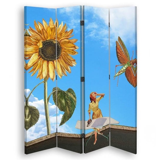 Parawan pokojowy FEEBY, Abstrakcja prasująca kobieta pasikonik i słonecznik surrealizm, Obrotowy 145x170cm 4-częściowy Feeby