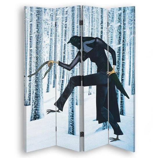 Parawan pokojowy FEEBY, Abstrakcyjny kolaż ptak we fraku zimowy las, Obrotowy 145x170cm 4-częściowy Feeby