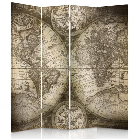 Parawan pokojowy FEEBY, Antyczna mapa świata, Dwustronny 145x170cm 4-częściowy Feeby