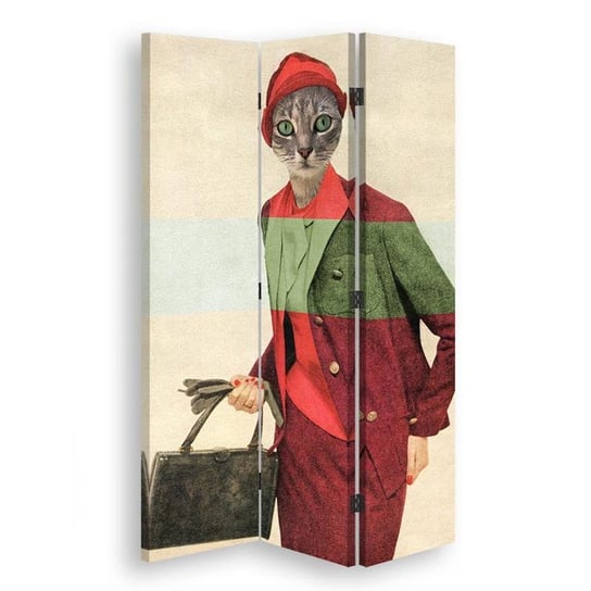 Parawan pokojowy FEEBY, Kobieta w czerwonym kostiumie z głową kota surrealizm, Obrotowy 110x170cm 3-częściowy Feeby