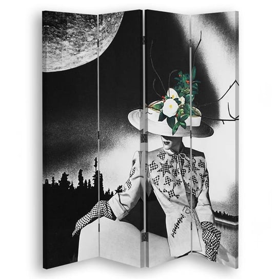Parawan pokojowy FEEBY, Kobieta w kostiumie i kapeluszu z kwiatami noc, Obrotowy 145x170cm 4-częściowy Feeby