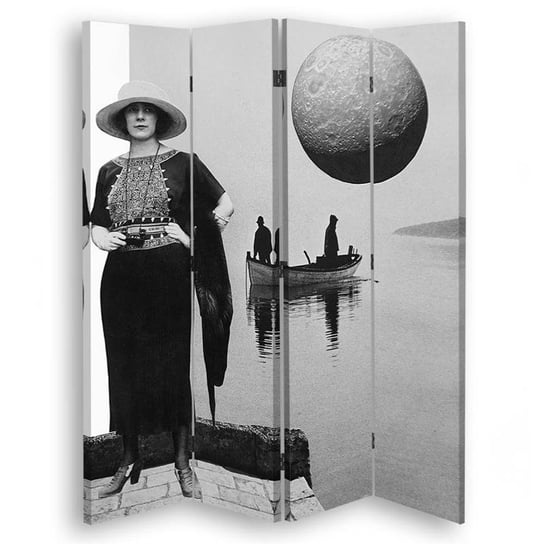 Parawan pokojowy FEEBY, Kobieta z lornetką dwaj mężczyźni na łódce księżyc, Obrotowy 145x170cm 4-częściowy Feeby