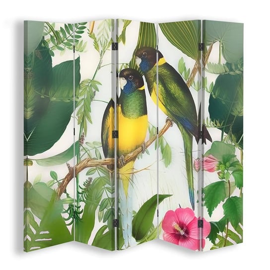 Parawan pokojowy FEEBY, Kolorowe ptaki w dżungli, Dwustronny 180x170cm 5-częściowy Feeby