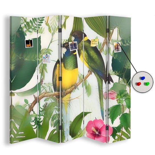 Parawan pokojowy FEEBY, Kolorowe ptaki w dżungli, Dwustronny PIN 180x170cm 5-częściowy Feeby