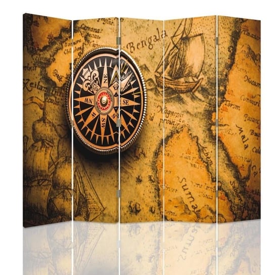Parawan pokojowy FEEBY, Kompas na starej mapie, Dwustronny 180x170cm 5-częściowy Feeby