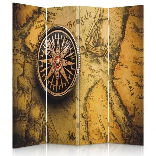 Parawan pokojowy FEEBY, Kompas na starej mapie, Obrotowy 145x170cm 4-częściowy Feeby