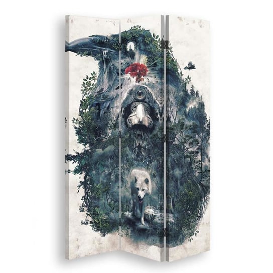 Parawan pokojowy FEEBY, Kruk i wilk abstrakcja, Dwustronny 110x170cm 3-częściowy Feeby