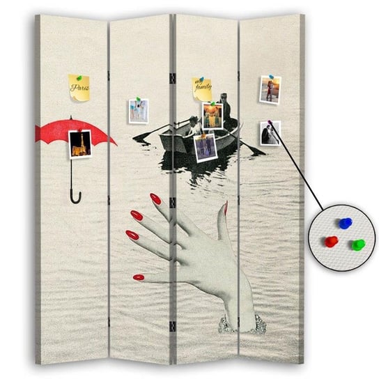 Parawan pokojowy FEEBY, Łódka z ludźmi dłoń w wodzie parasol, Dwustronny PIN 145x170cm 4-częściowy Feeby