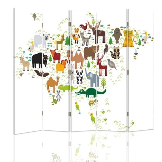 Parawan pokojowy FEEBY, Mapa świata dla dzieci 1, Dwustronny 180x170cm 5-częściowy Feeby
