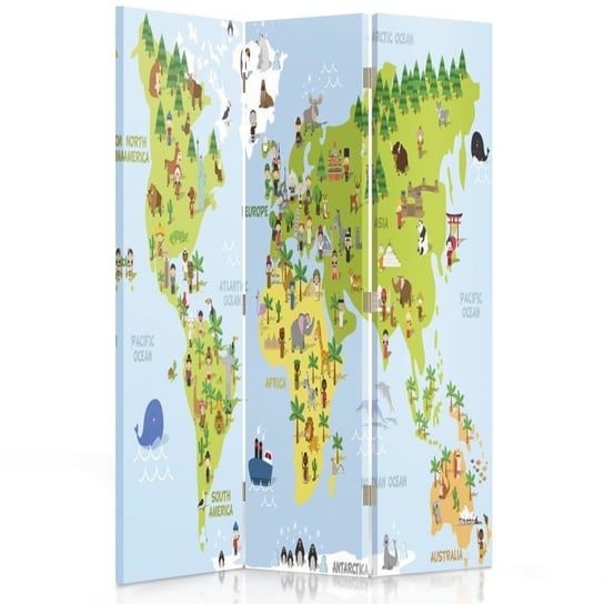 Parawan pokojowy FEEBY, Mapa świata dla dzieci, Dwustronny 110x170cm 3-częściowy Feeby