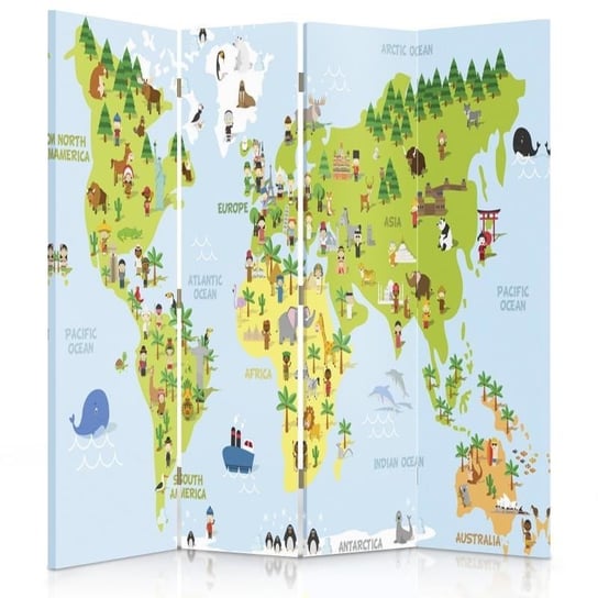 Parawan pokojowy FEEBY, Mapa świata dla dzieci, Dwustronny 145x170cm 4-częściowy Feeby