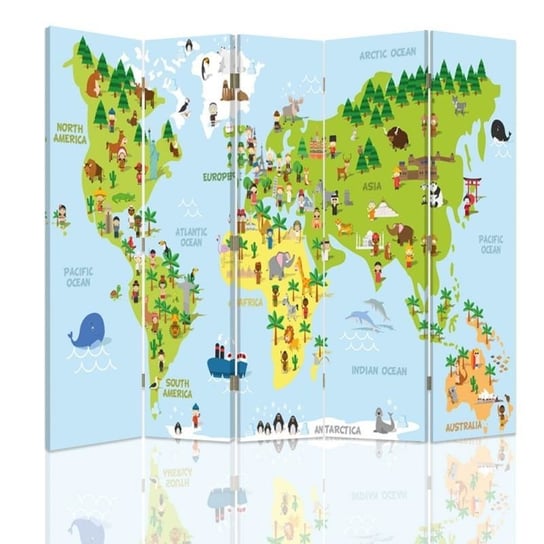 Parawan pokojowy FEEBY, Mapa świata dla dzieci, Dwustronny 180x170cm 5-częściowy Feeby