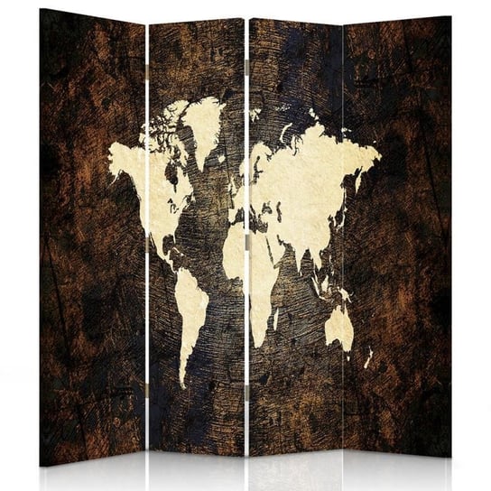 Parawan pokojowy FEEBY, Mapa świata na deskach 2, Dwustronny 145x170cm 4-częściowy Feeby