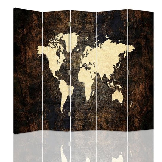 Parawan pokojowy FEEBY, Mapa świata na deskach 2, Dwustronny 180x170cm 5-częściowy Feeby