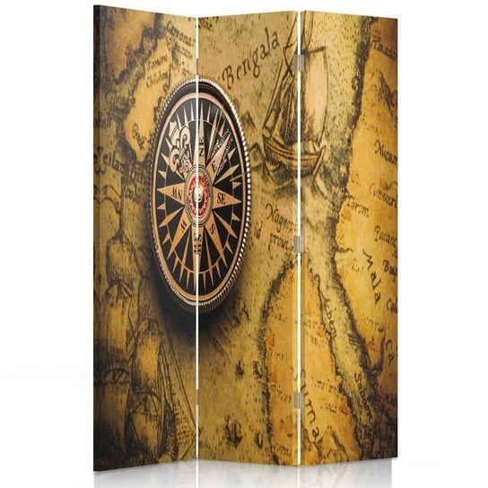 Parawan pokojowy FEEBY, Mapa świata retro kompas, Dwustronny 110x170cm 3-częściowy Feeby